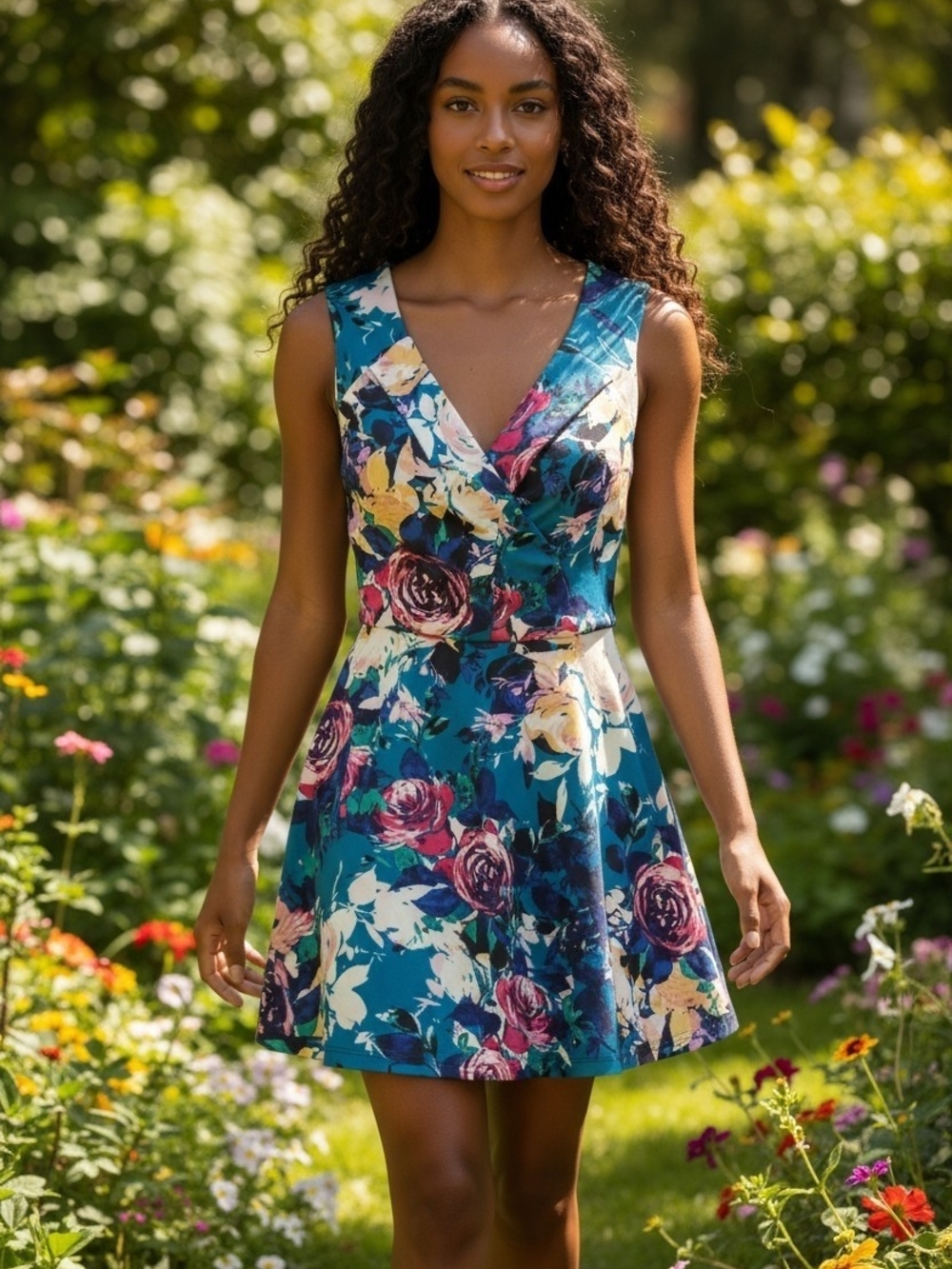 Emerald Sundae Teal Floral Sleeveless V-Neck Midi Dress